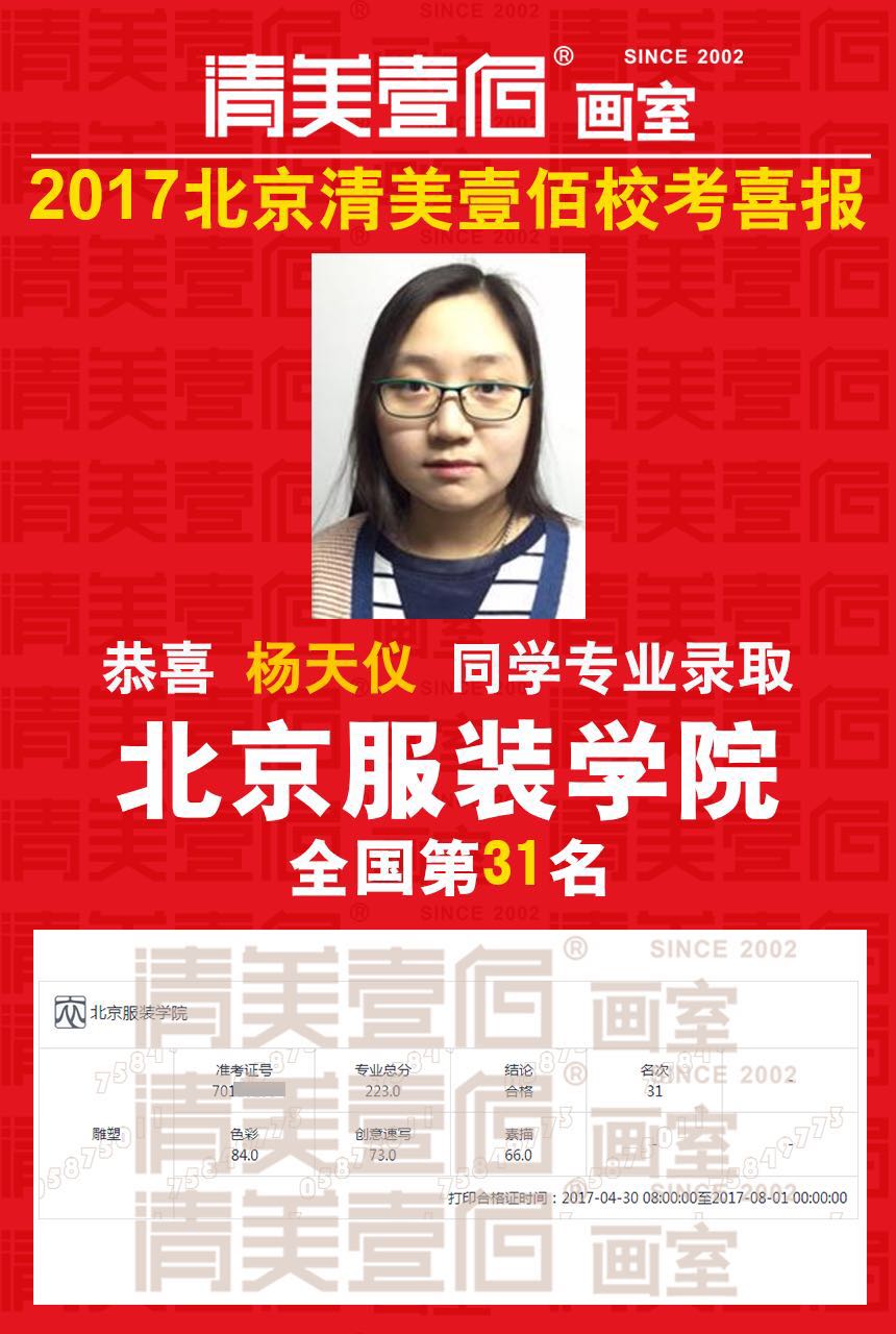 北京服装学院2017年艺术类本科录取分数线-专业合格分数线 清美壹佰画室学员杨天仪 北京服装学院全国31名