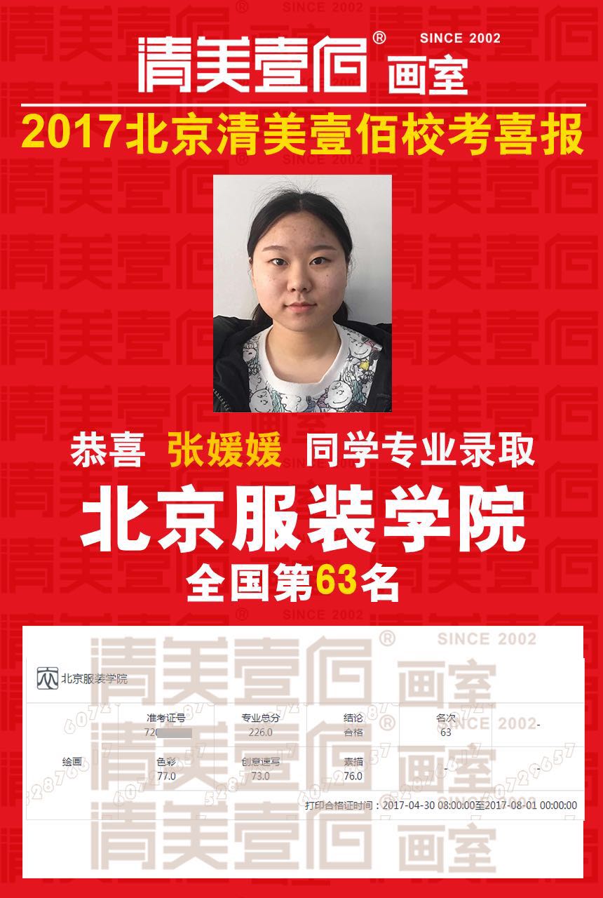 北京服装学院2017年艺术类本科录取分数线-专业合格分数线 清美壹佰画室学员张媛媛 北京服装学院全国63名
